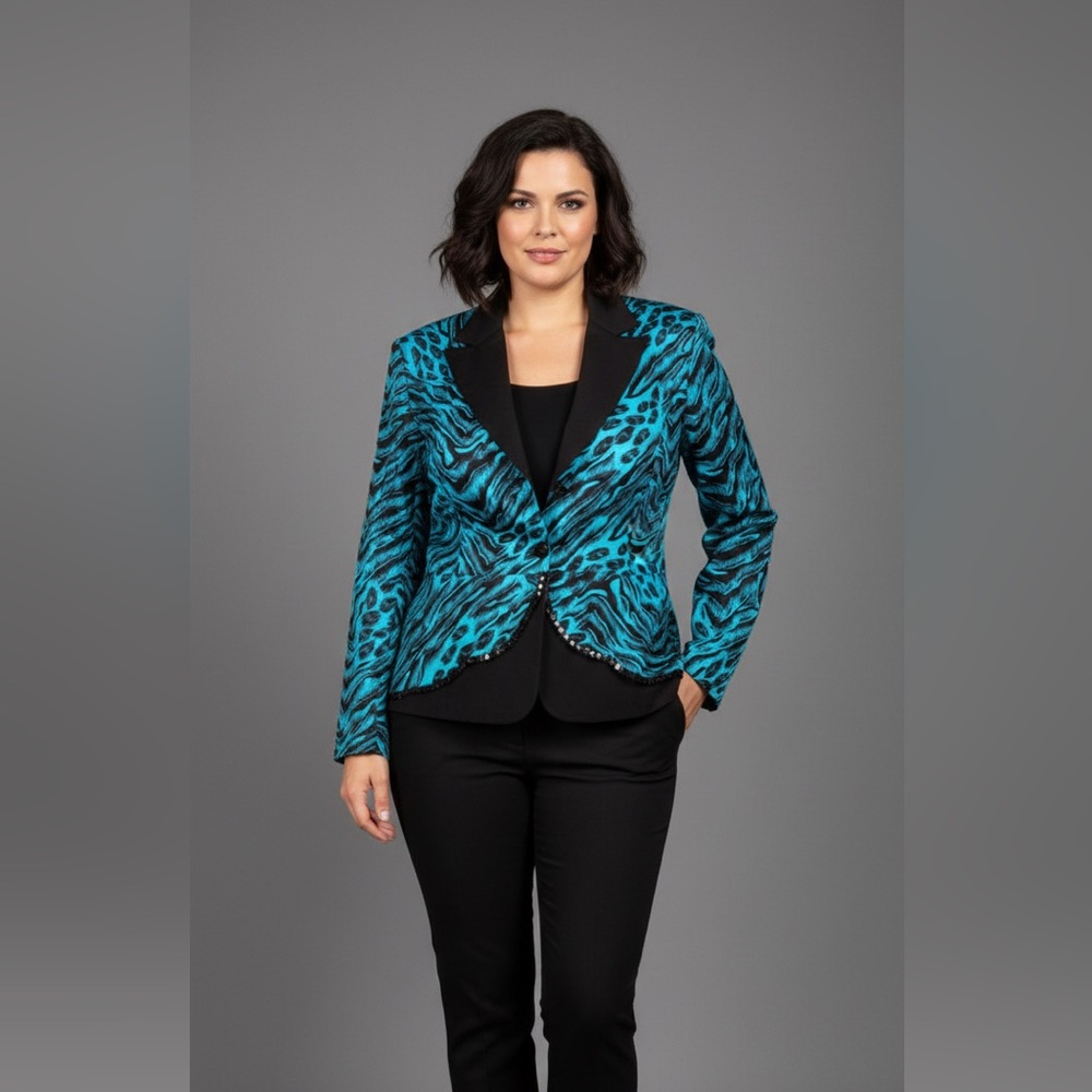 Lucy Collection UK Blazer Teal/Black Animal Print Size 54 Unique Statement Piece